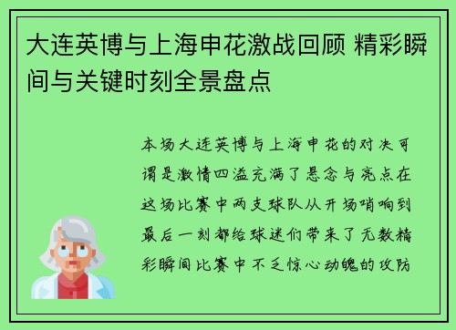 大连英博与上海申花激战回顾 精彩瞬间与关键时刻全景盘点