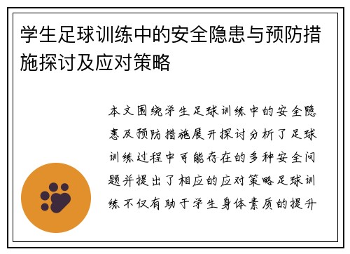 学生足球训练中的安全隐患与预防措施探讨及应对策略