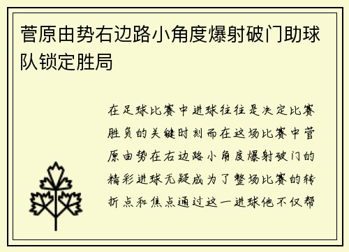菅原由势右边路小角度爆射破门助球队锁定胜局